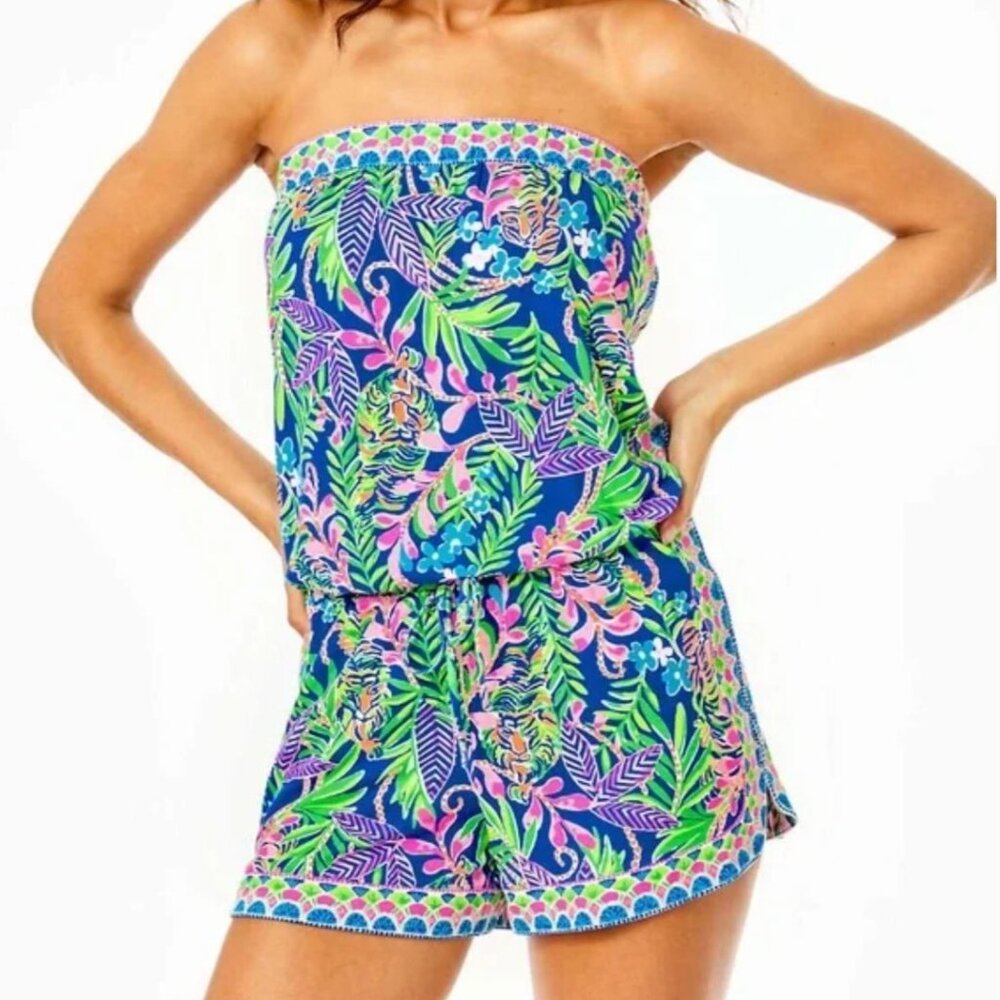 Lilly Pulitzer Rikki Strapless Romper Borealis Blue XL Tropical Resortwear